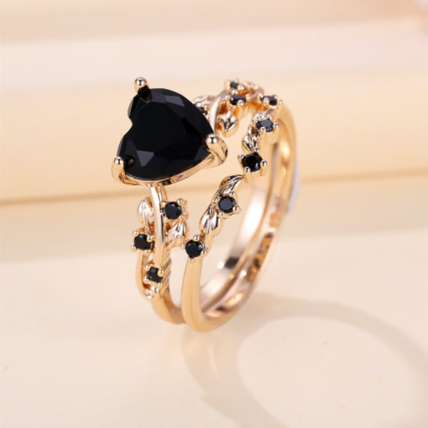 Champagne Gold-Tone Black Heart Crystal Two-Piece Ring Set