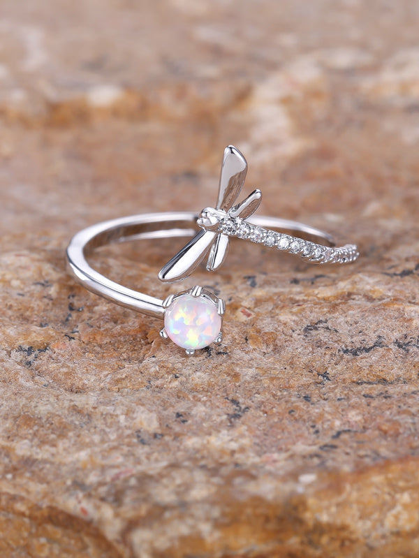 Silver-Tone White Simulated Opal & Crystal Dragonfly Open Ring