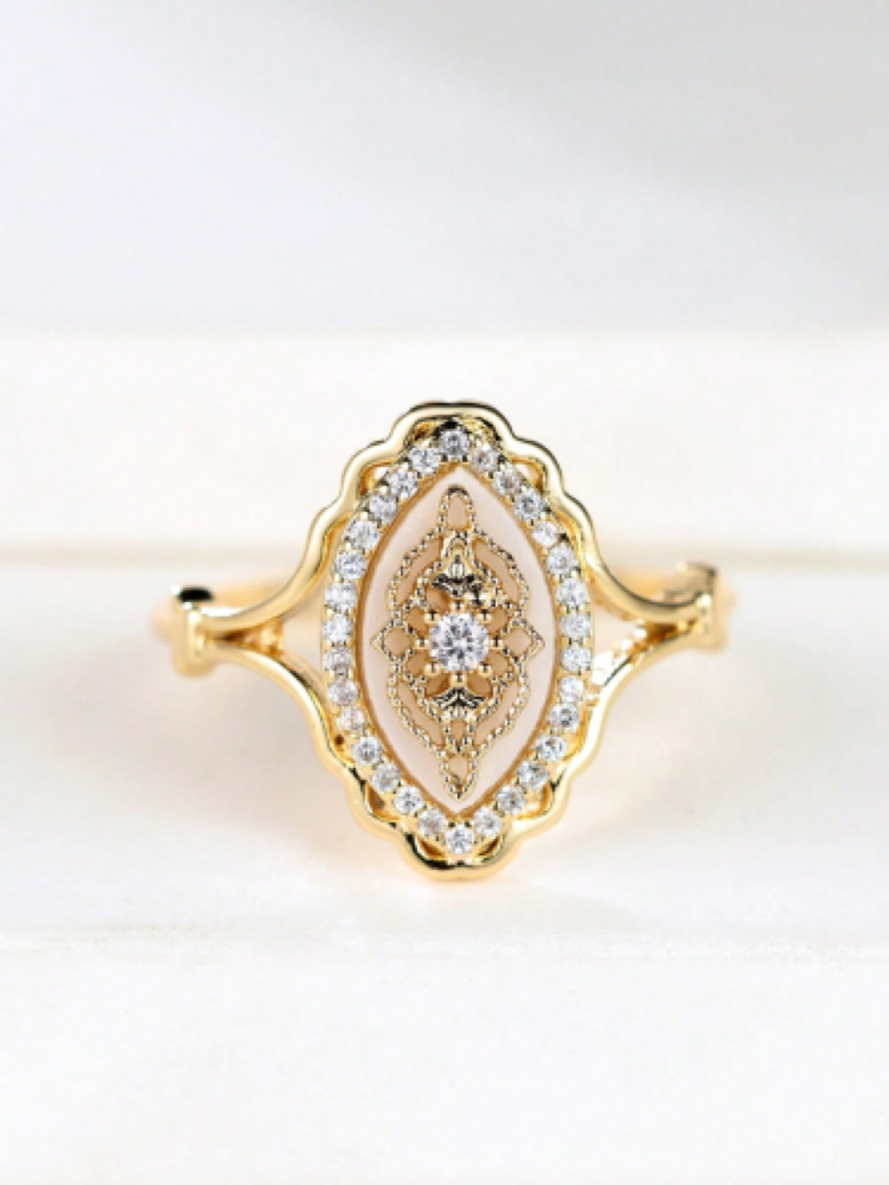Gold-Tone White Crystal Vintage Marquise Halo Scalloped Ring