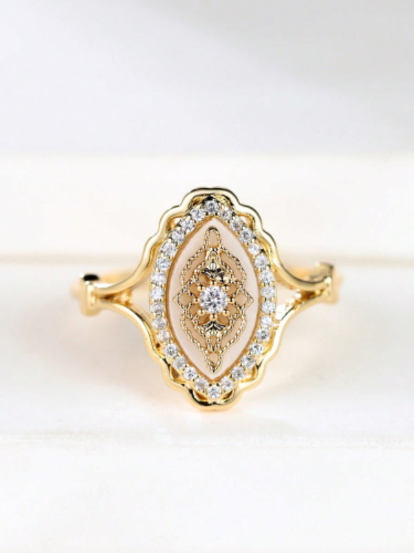 Gold-Tone White Crystal Vintage Marquise Halo Scalloped Ring