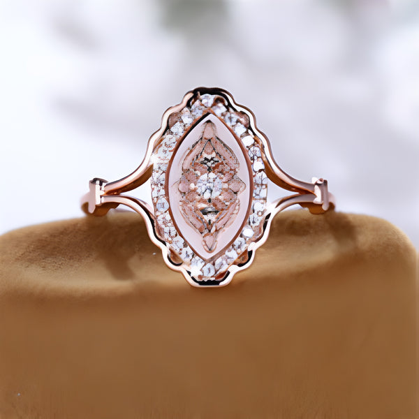Rose Gold-Tone White Crystal Vintage Marquise Halo Ring