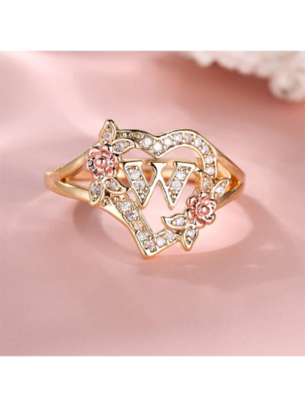 Gold-Tone Crystal Letter L Heart Open Ring with Rose Flower Accents