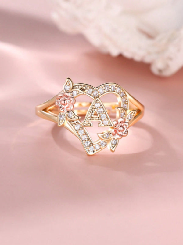 Gold-Tone Crystal Letter R Heart Open Ring with Rose Flower Accents