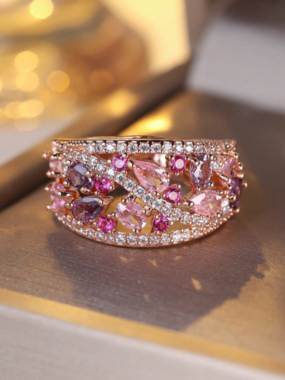 Rose Gold-Tone Purple & Pink Crystal Cluster Wide Band Ring