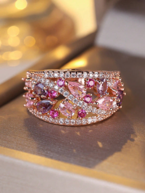 Rose Gold-Tone Purple & Pink Crystal Cluster Wide Band Ring