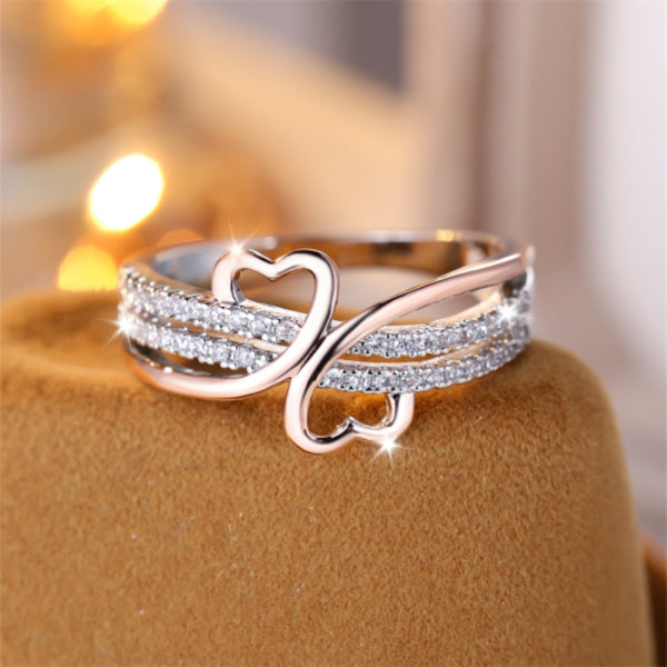 Two-Tone Silver & Rose Gold-Tone Open Heart Crystal Pave Ring