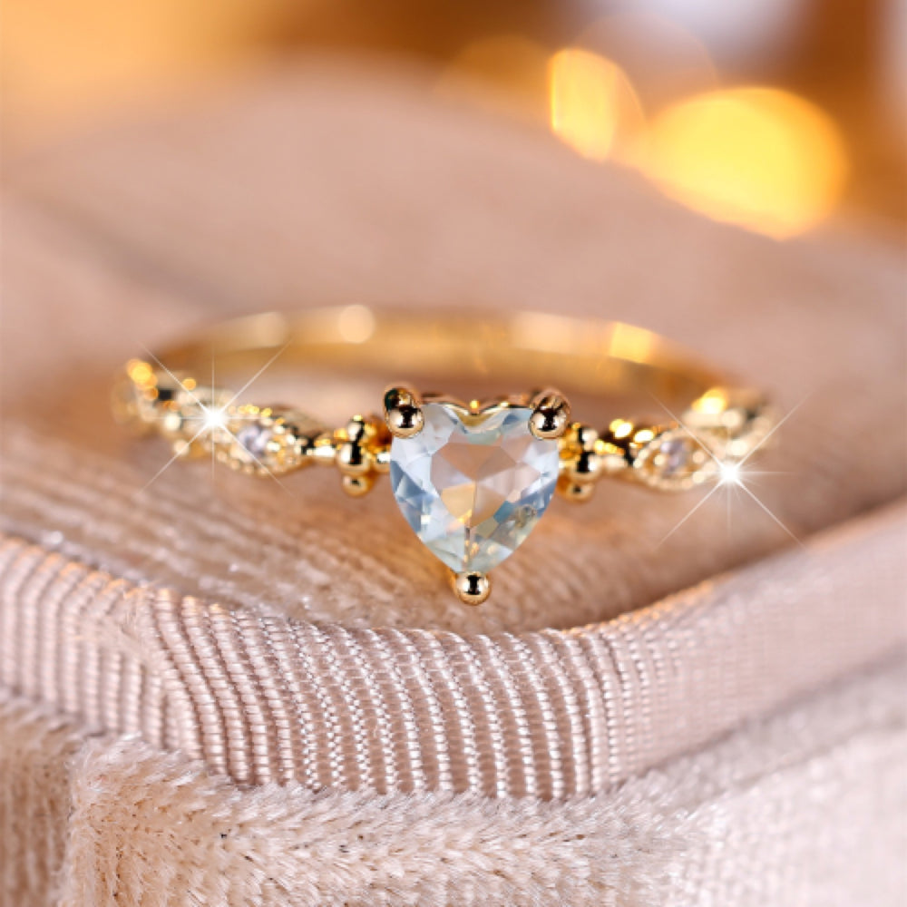 Gold-Tone Aqua Blue Crystal Heart Ring with Milgrain Band