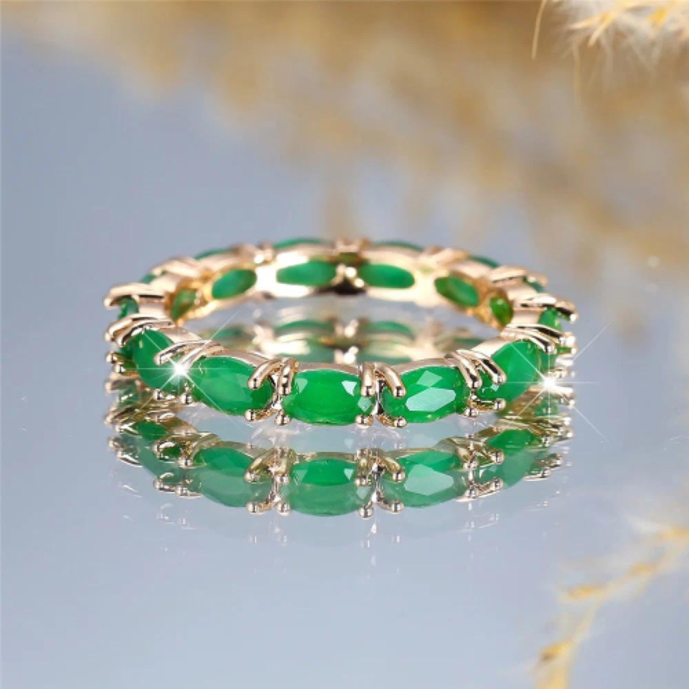 Champagne Gold-Tone Oval Jade-Green Crystal Eternity Band Ring