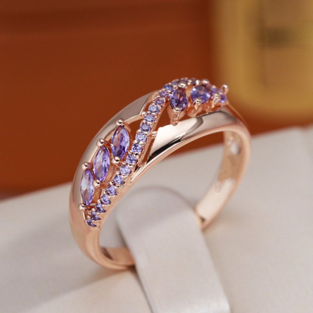 Champagne Gold-Tone Purple Crystal Marquise Crossover Band Ring