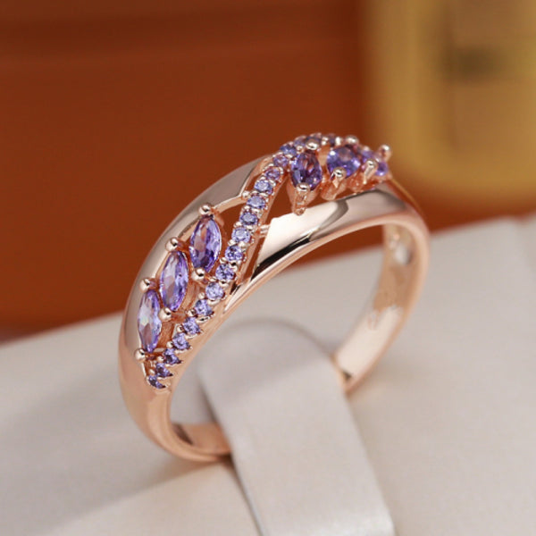 Champagne Gold-Tone Purple Crystal Marquise Crossover Band Ring