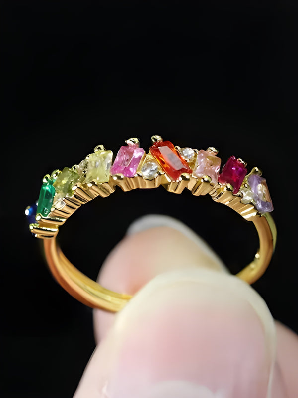 Gold-Tone Rainbow Multicolor Crystal Baguette Half Eternity Ring