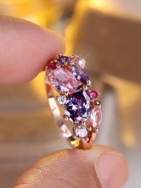 Rose Gold-Tone Purple & Pink Crystal Cluster Cocktail Ring