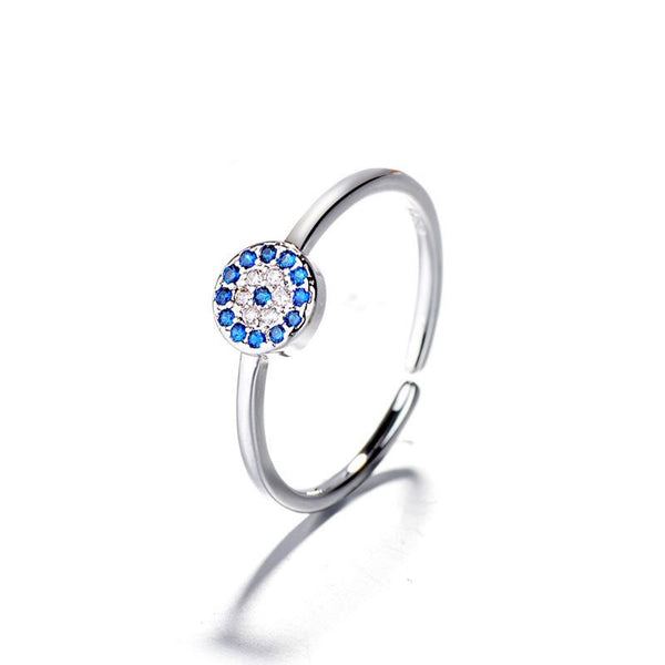 Silver-Tone Blue Crystal Evil Eye Spinner Disc Adjustable Open Ring