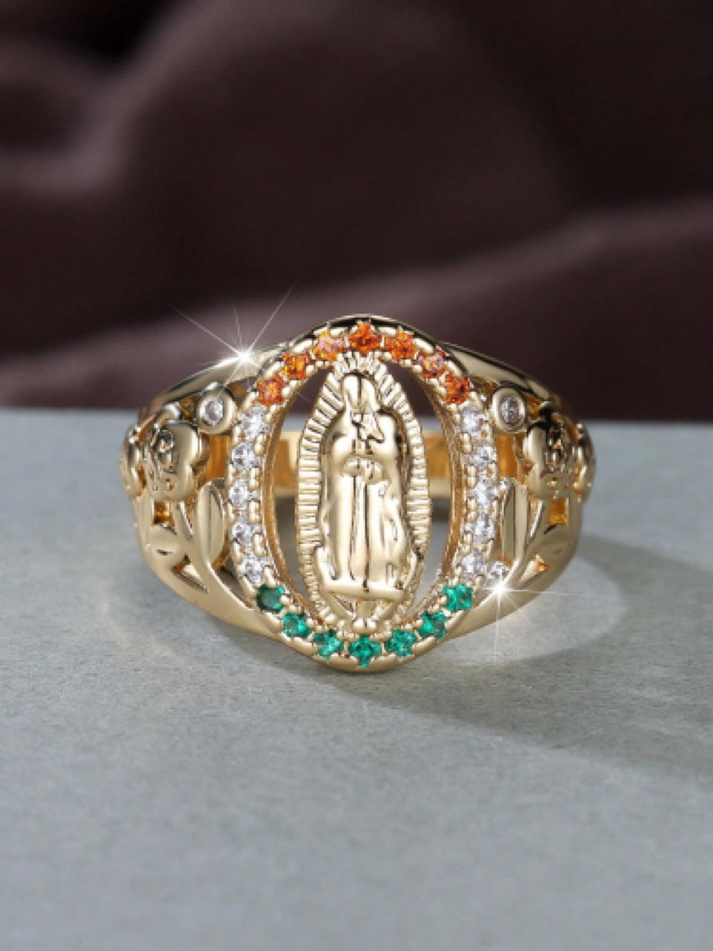 Gold-Tone Multicolor Crystal Virgin Mary Medallion Openwork Ring