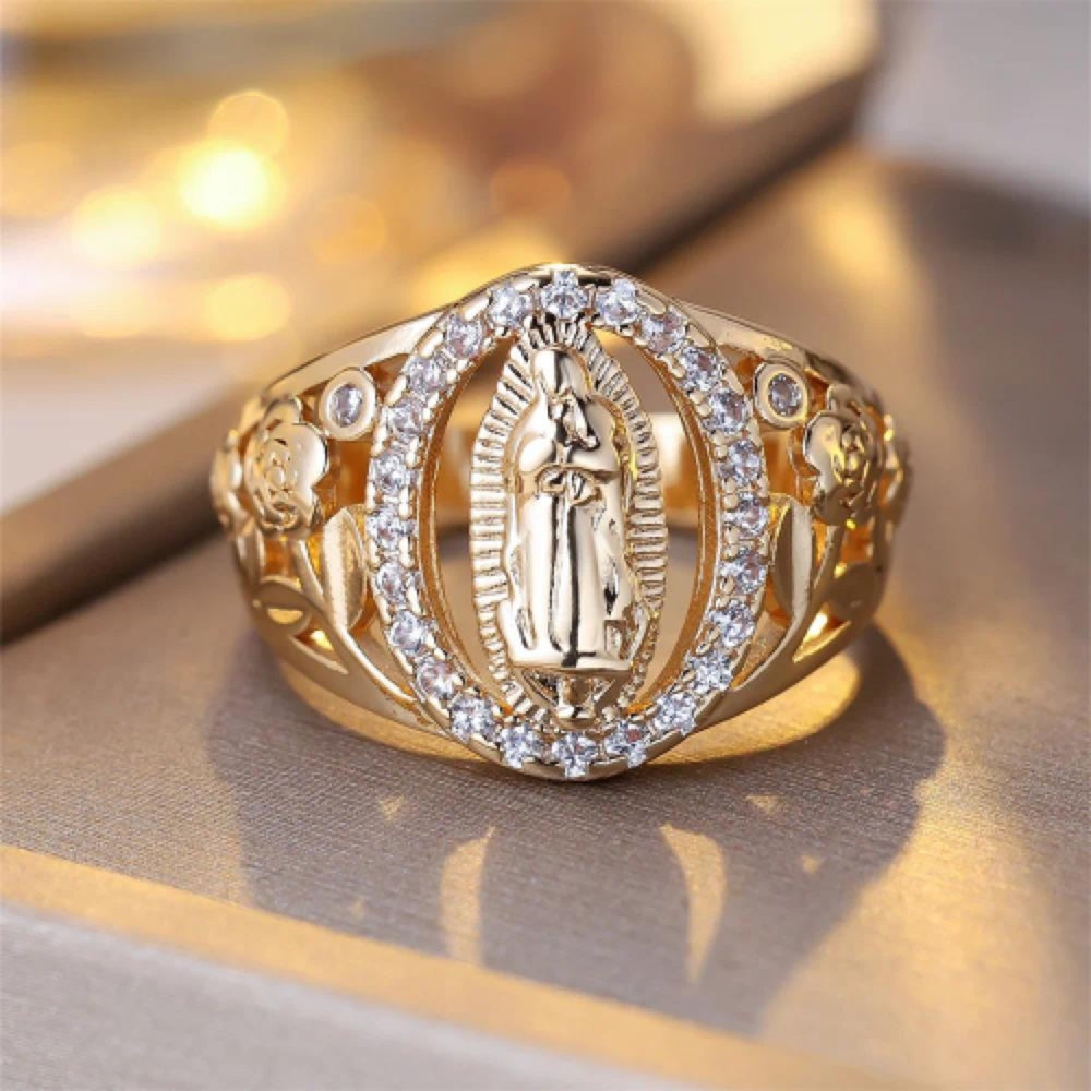 Gold-Tone White Crystal Virgin Mary Medallion Openwork Ring
