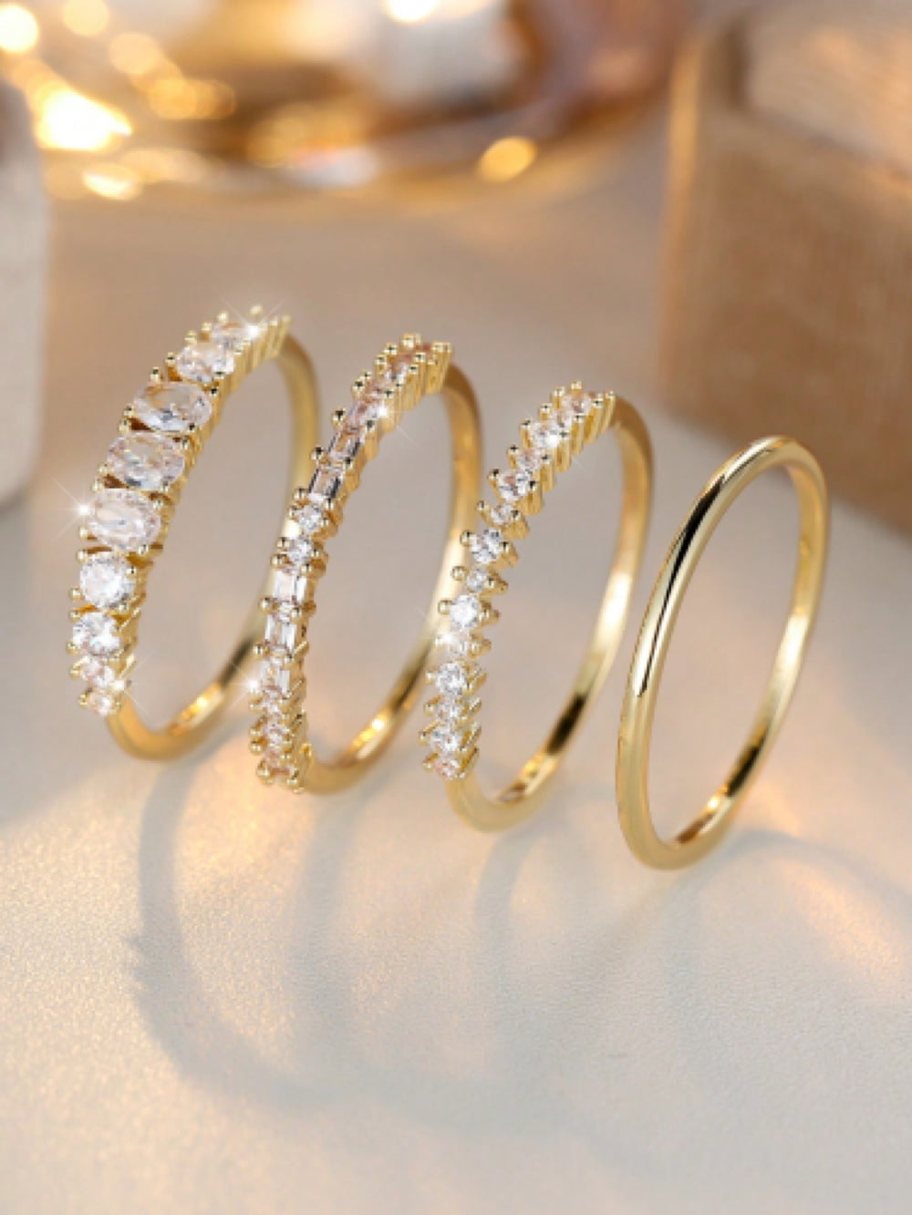 Gold-Tone White Crystal Four-Piece Stacking Ring Set