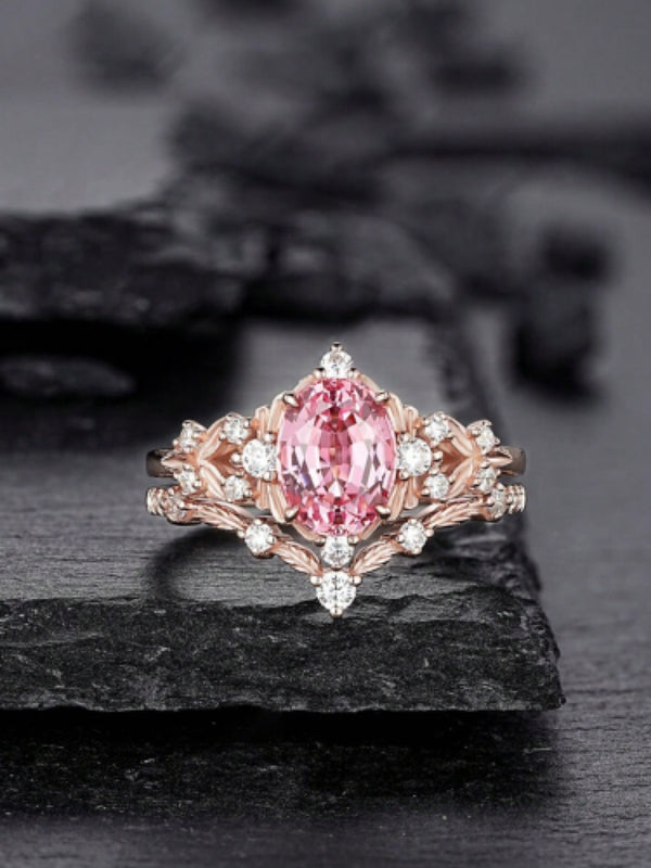 Rose Gold-Tone Oval Pink Crystal Leaf Vine Stacking Ring Set