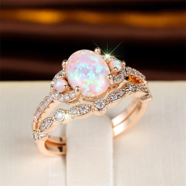 Champagne Gold-Tone Oval Pink Simulated Opal Stacked Ring Set