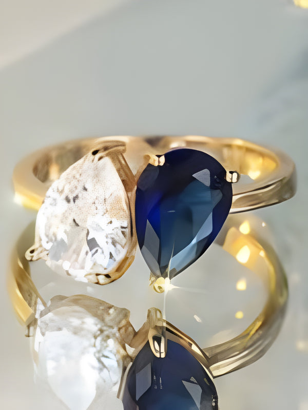 Gold-Tone White & Royal Blue Crystal Teardrop Two-Stone Ring