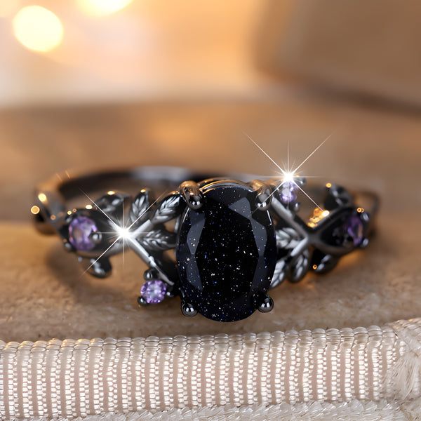 Black & Gold-Tone Oval Blue Sandstone Ring With Purple Crystal Accents