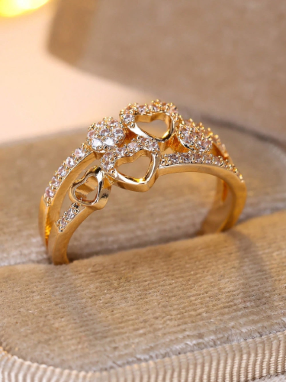 Gold-Tone White Crystal Triple Heart Openwork Split Band Ring