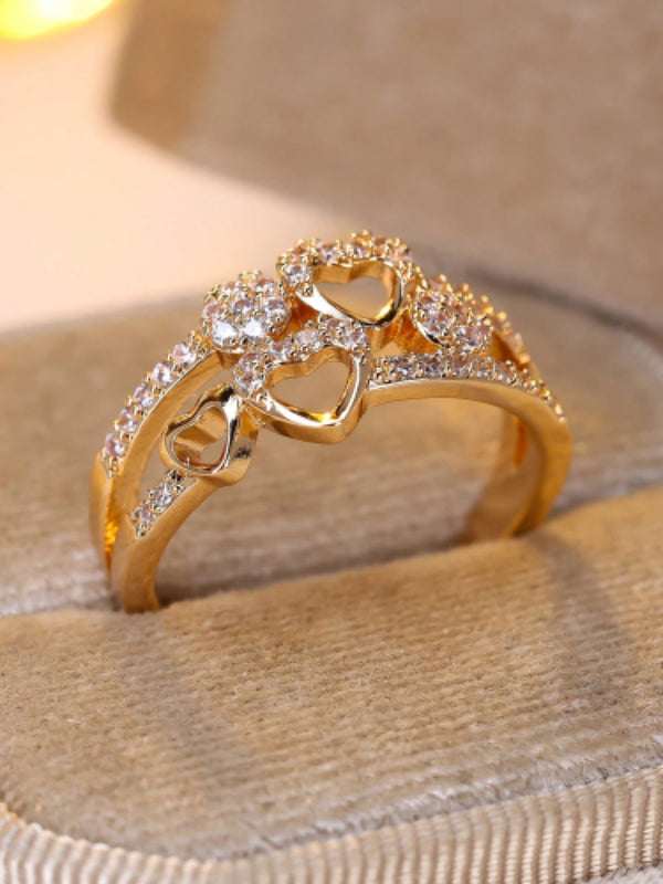 Gold-Tone White Crystal Triple Heart Openwork Split Band Ring