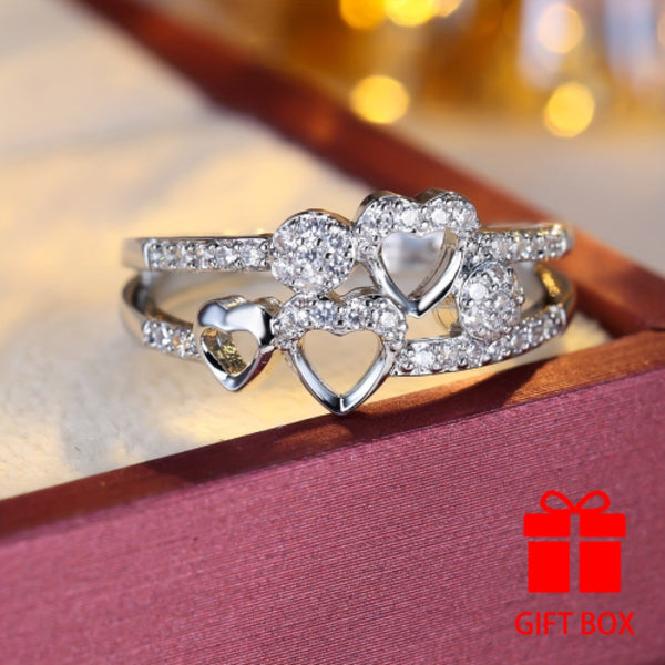 Silver-Tone White Crystal Triple Heart Openwork Split Band Ring