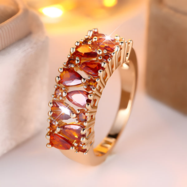 Champagne Gold-Tone Garnet-Red Teardrop Crystal Openwork Ring