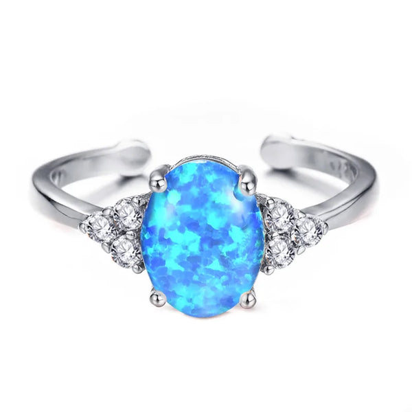 Silver-Tone Oval Blue Simulated Opal Open Ring With Crystal Accents