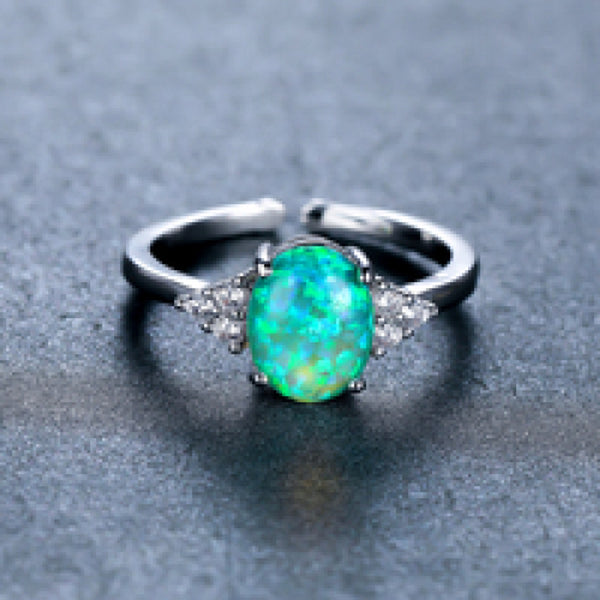 Silver-Tone Open Green Oval Simulated Opal Ring