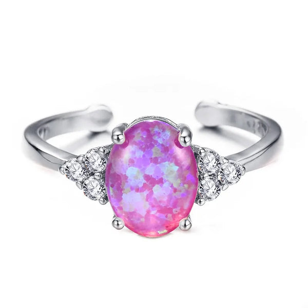 Silver-Tone Open Purple Oval Simulated Opal Ring