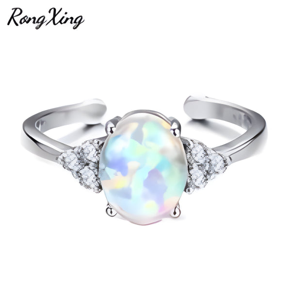 Silver-Tone Oval White Simulated Opal Crystal Cluster Open Ring