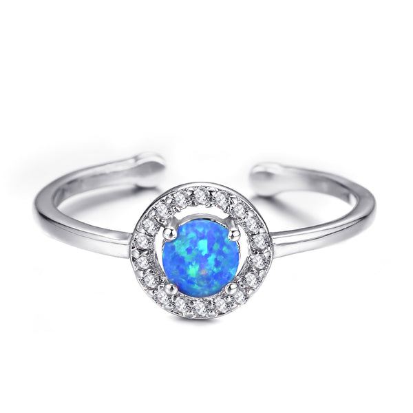 Silver-Tone Round Blue Simulated Opal Crystal Halo Open Ring