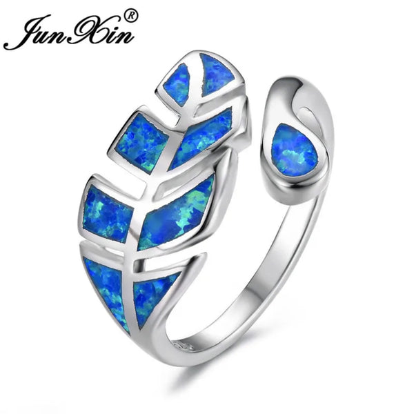 Silver-Tone Blue Simulated Opal Inlay Leaf Wrap Adjustable Open Ring