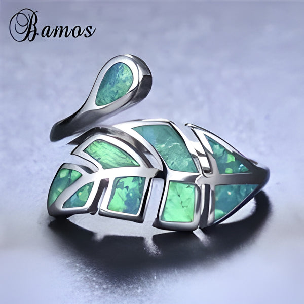 Silver-Tone Green Simulated Opal Inlay Leaf Wrap Adjustable Open Ring