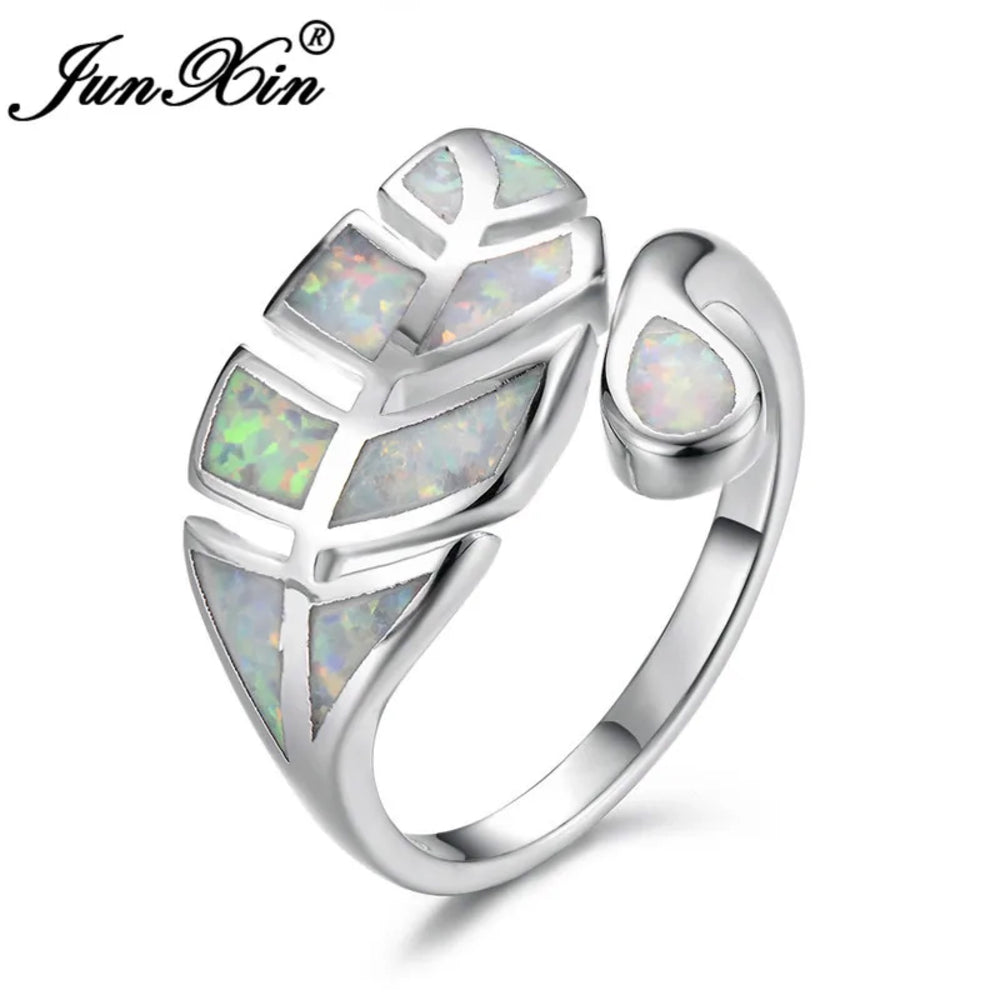 Silver-Tone White Simulated Opal Inlay Leaf Wrap Adjustable Open Ring