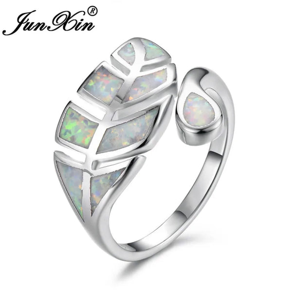 Silver-Tone White Simulated Opal Inlay Leaf Wrap Adjustable Open Ring