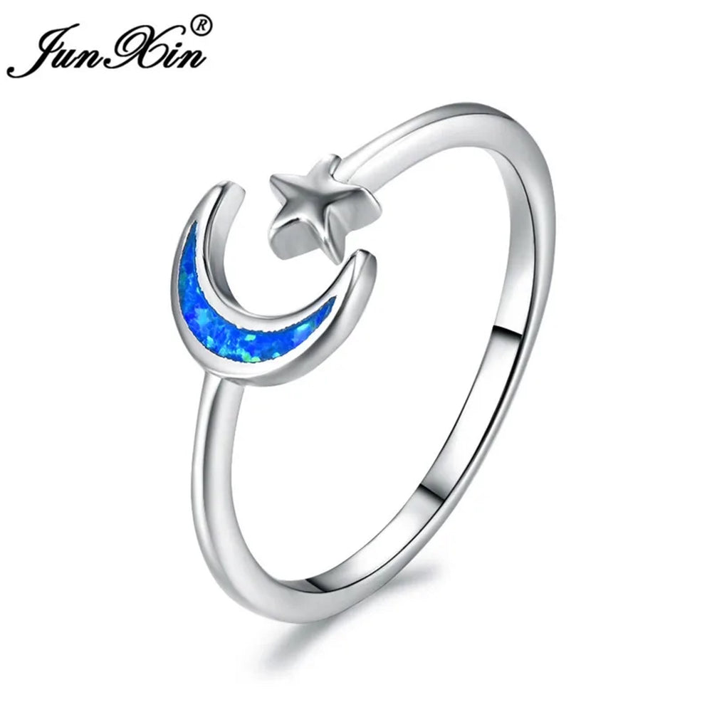 Silver-Tone Open Blue Simulated Opal Moon Ring