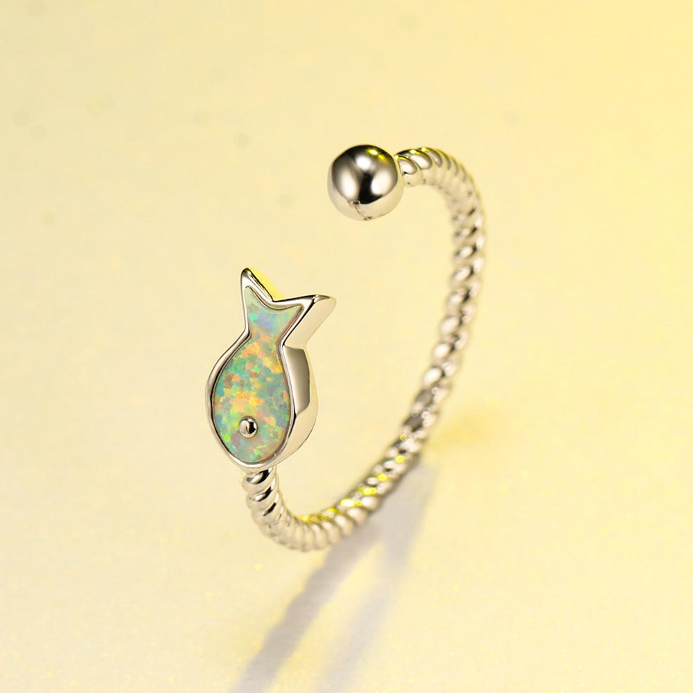 Silver-Tone Open White Simulated Opal Fish Ring