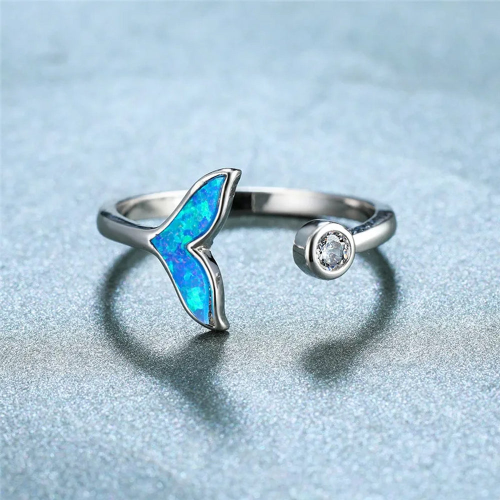 Silver-Tone Open Blue Simulated Opal Fishtail Ring