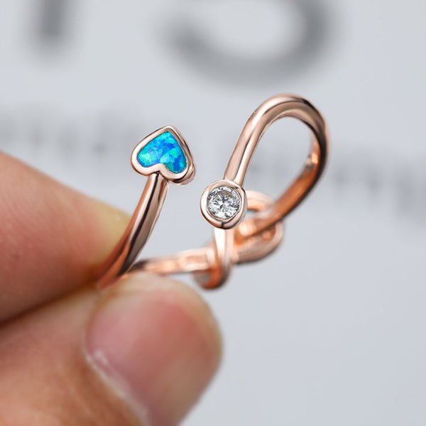 Rose Gold-Tone Blue Simulated Opal Heart Knot Wrap Open Ring