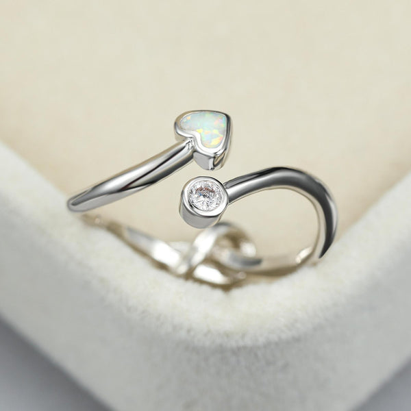 Sterling Silver Open White Simulated Opal Heart Ring