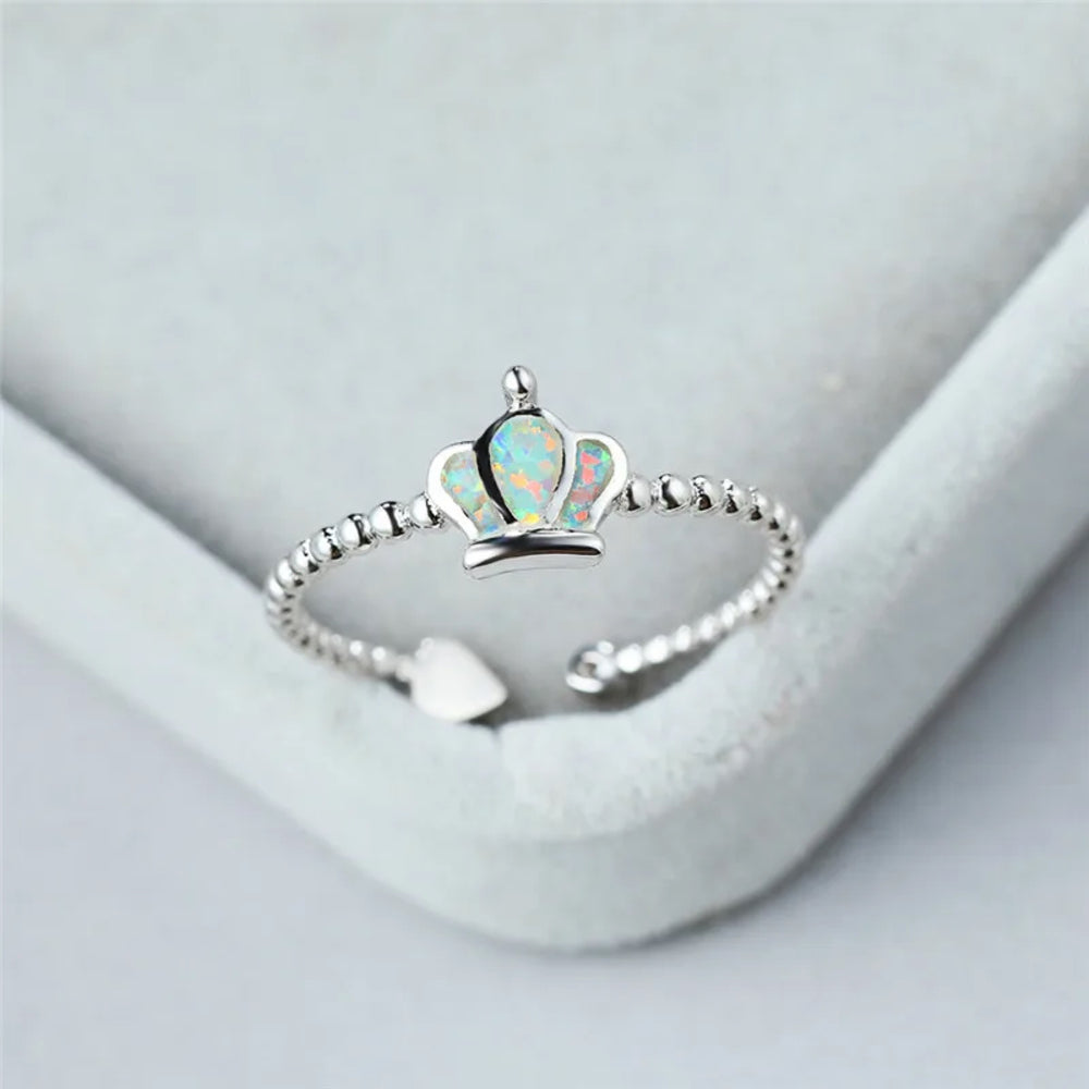 Silver-Tone White Simulated Opal Crown Beaded Adjustable Open Ring