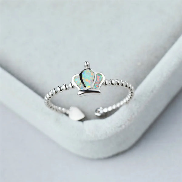 Silver-Tone White Simulated Opal Crown Beaded Adjustable Open Ring