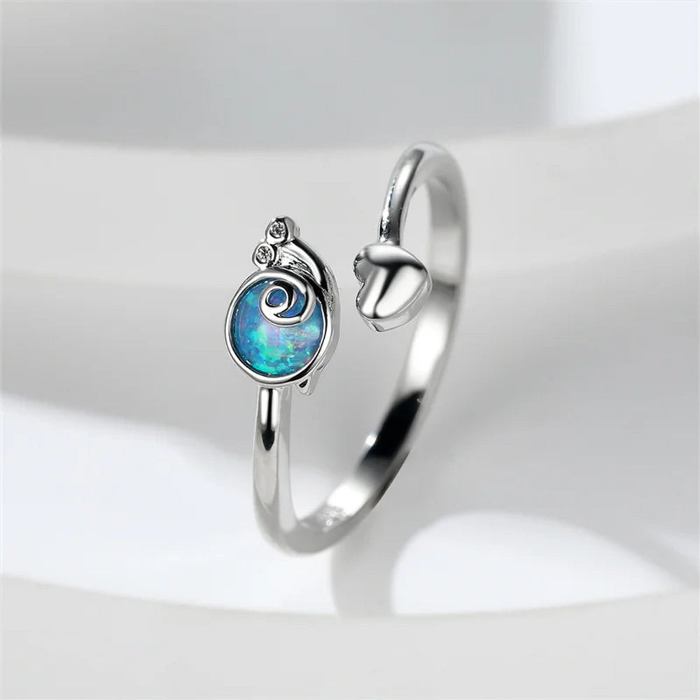Silver-Tone Open White Simulated Opal Heart Ring