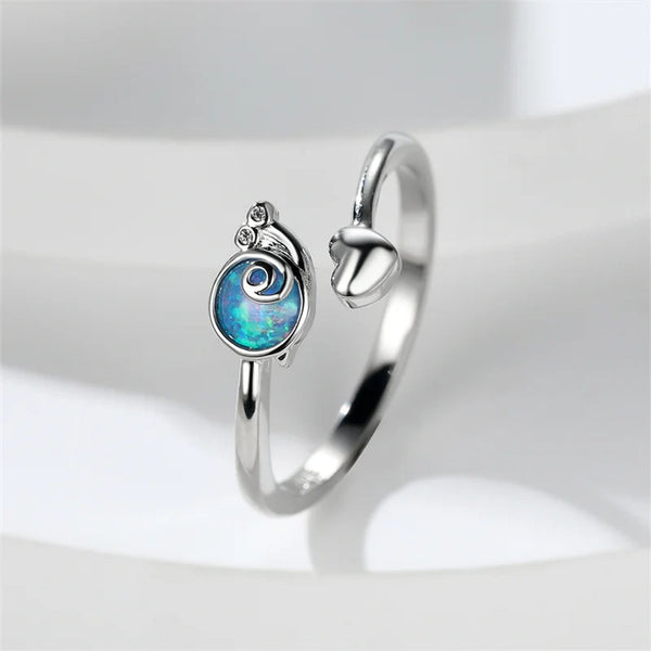 Silver-Tone Open White Simulated Opal Heart Ring