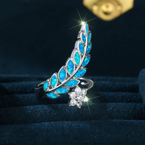 Silver-Tone Blue Simulated Opal Feather & Crystal Flower Open Ring