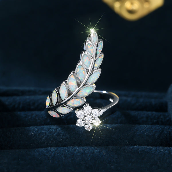 Silver-Tone White Simulated Opal Feather & Crystal Flower Open Ring