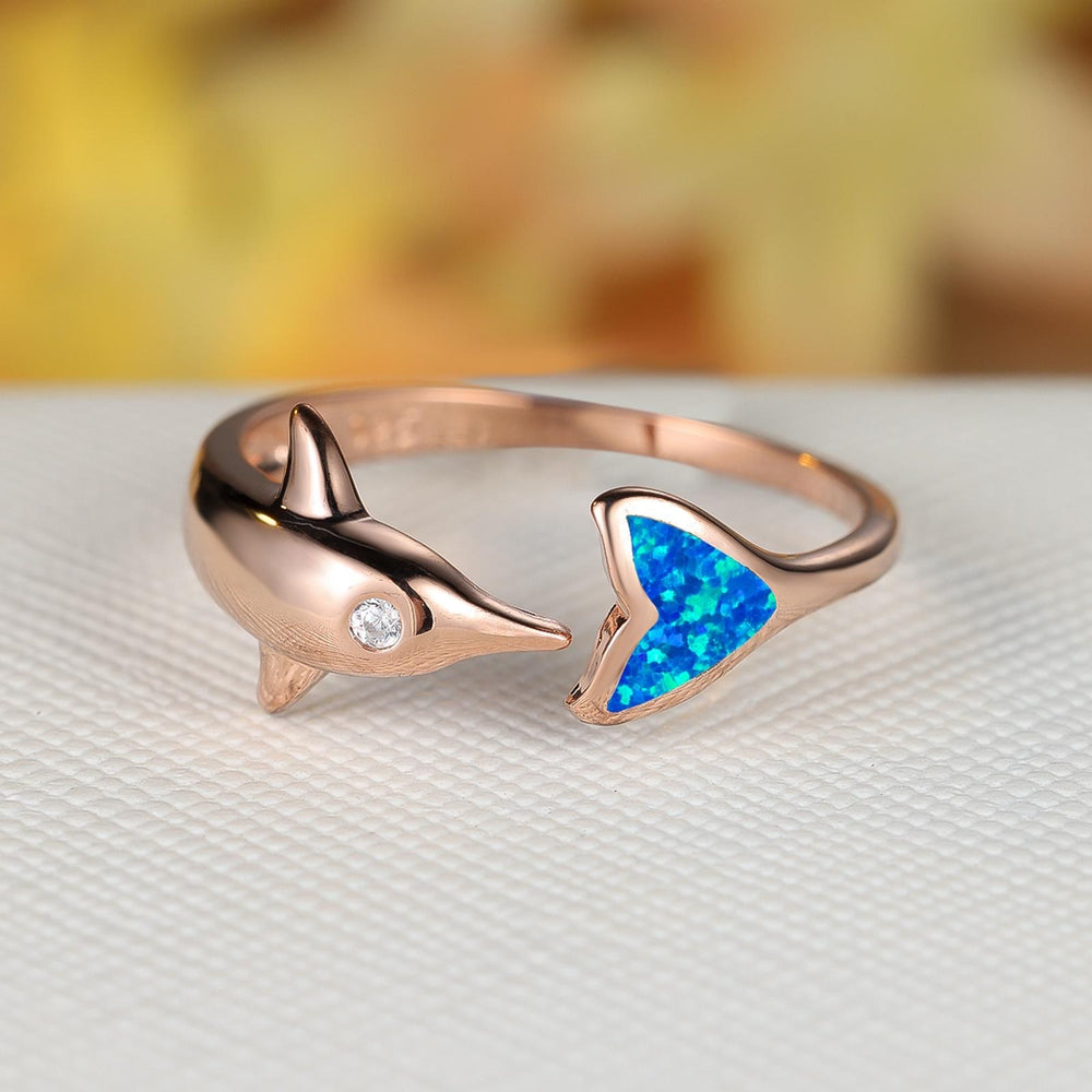 Rose Gold-Tone Open Blue Simulated Opal Dolphin Ring