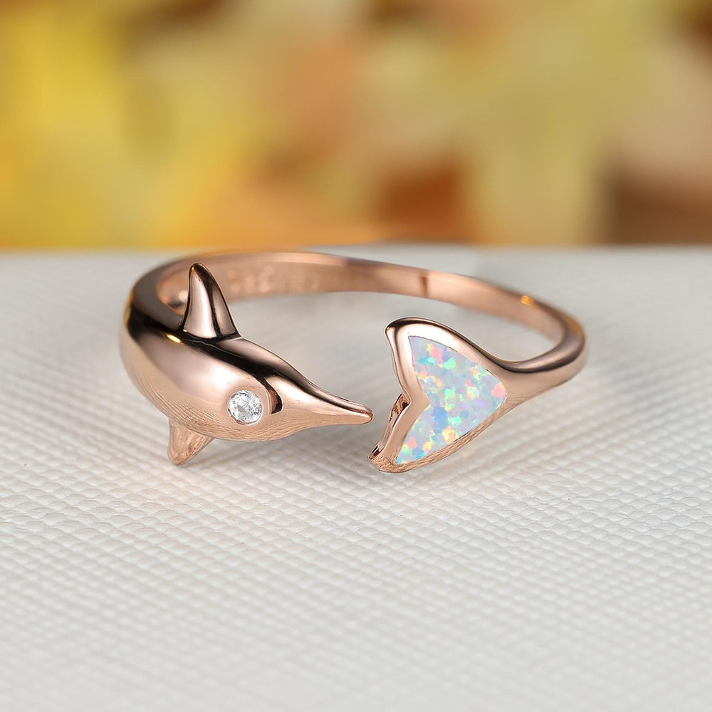 Rose Gold-Tone Open White Simulated Opal Dolphin Ring